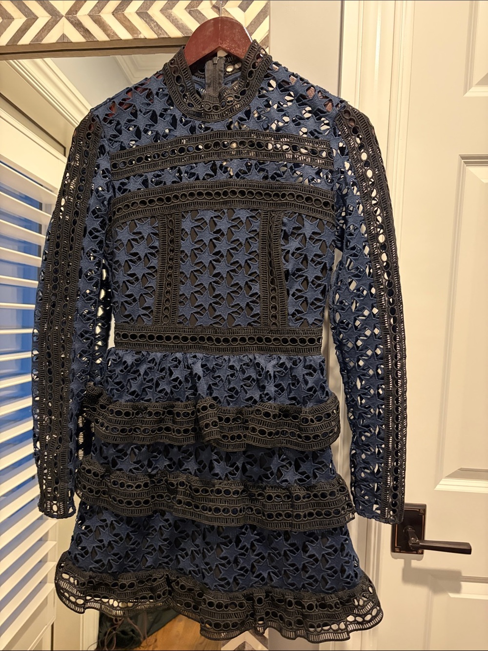 Self-Portrait Navy and Black Long-Sleeve Lace Tiered Mini Dress